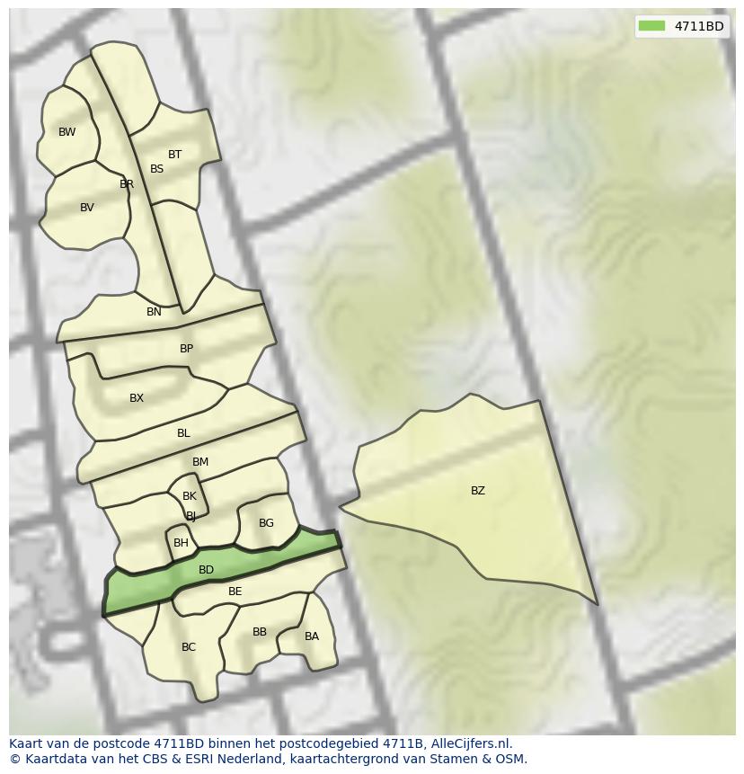 Afbeelding van het postcodegebied 4711 BD op de kaart.