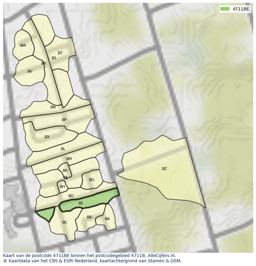 Afbeelding van het postcodegebied 4711 BE op de kaart.