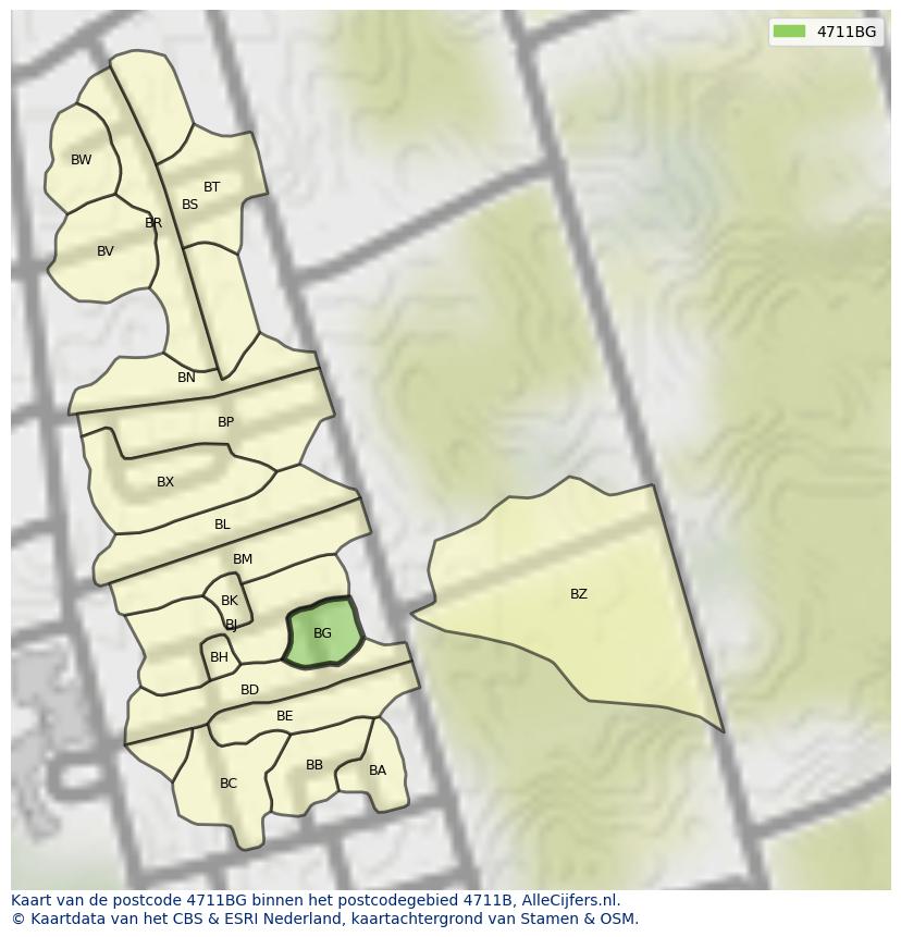 Afbeelding van het postcodegebied 4711 BG op de kaart.