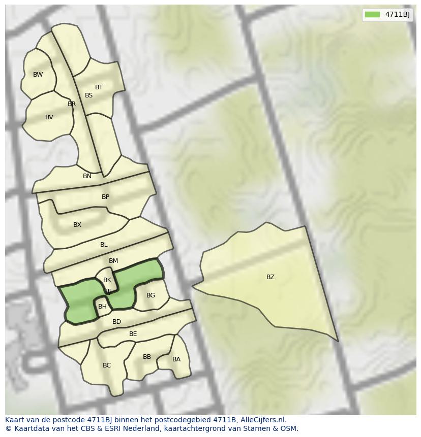 Afbeelding van het postcodegebied 4711 BJ op de kaart.