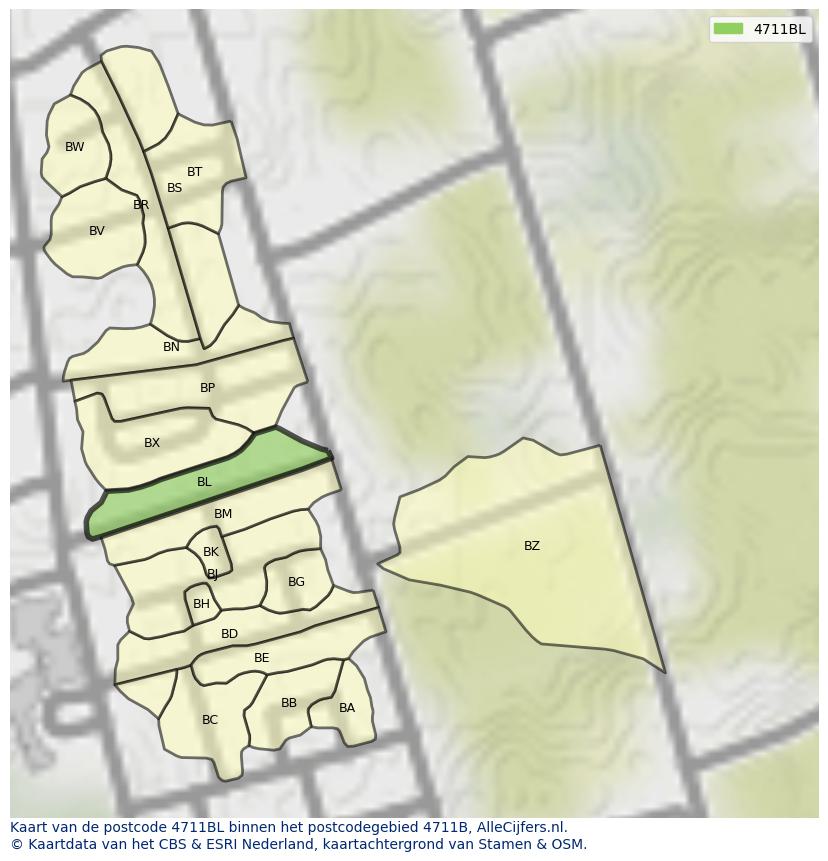 Afbeelding van het postcodegebied 4711 BL op de kaart.