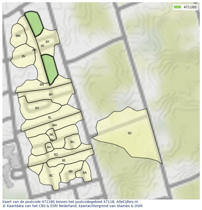 Afbeelding van het postcodegebied 4711 BS op de kaart.