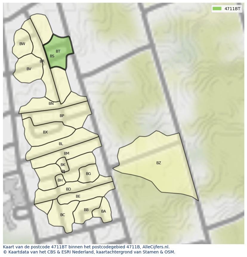 Afbeelding van het postcodegebied 4711 BT op de kaart.