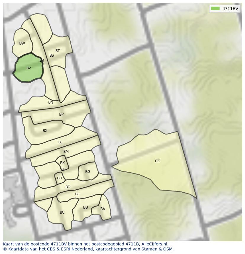 Afbeelding van het postcodegebied 4711 BV op de kaart.