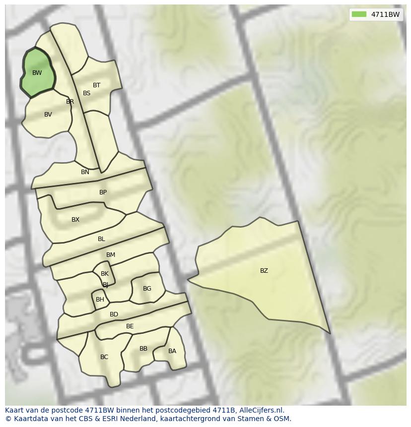 Afbeelding van het postcodegebied 4711 BW op de kaart.