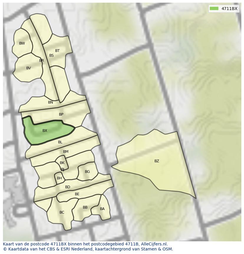 Afbeelding van het postcodegebied 4711 BX op de kaart.