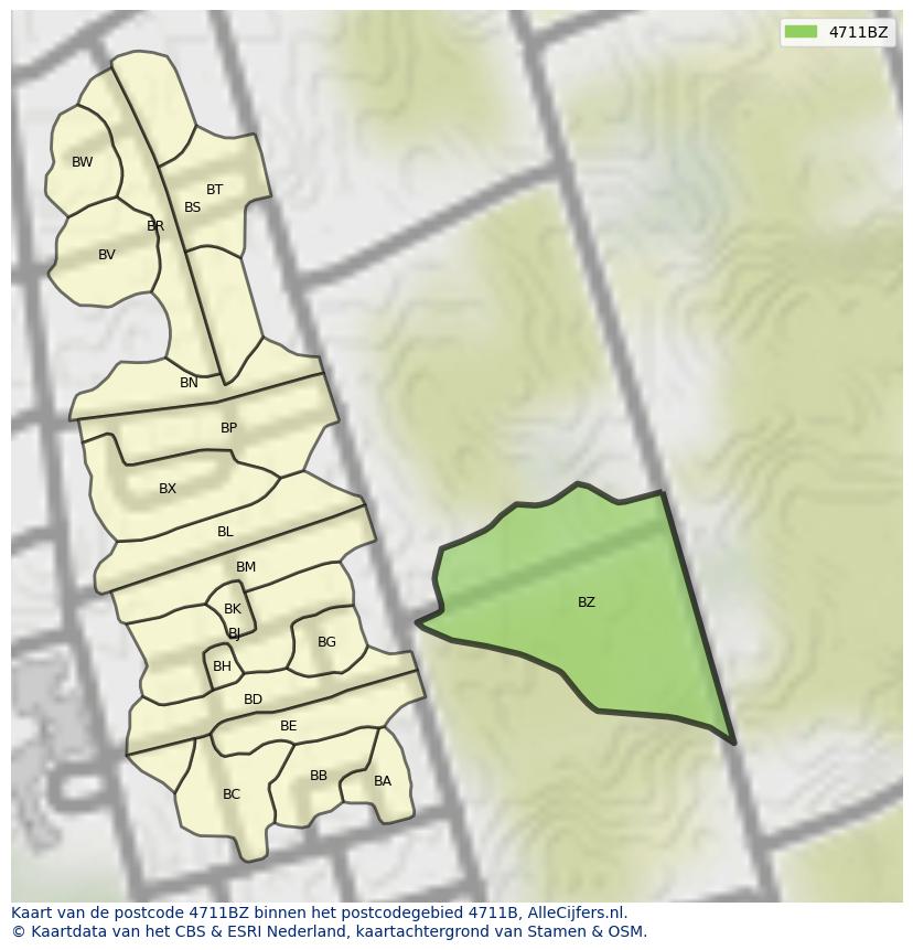 Afbeelding van het postcodegebied 4711 BZ op de kaart.