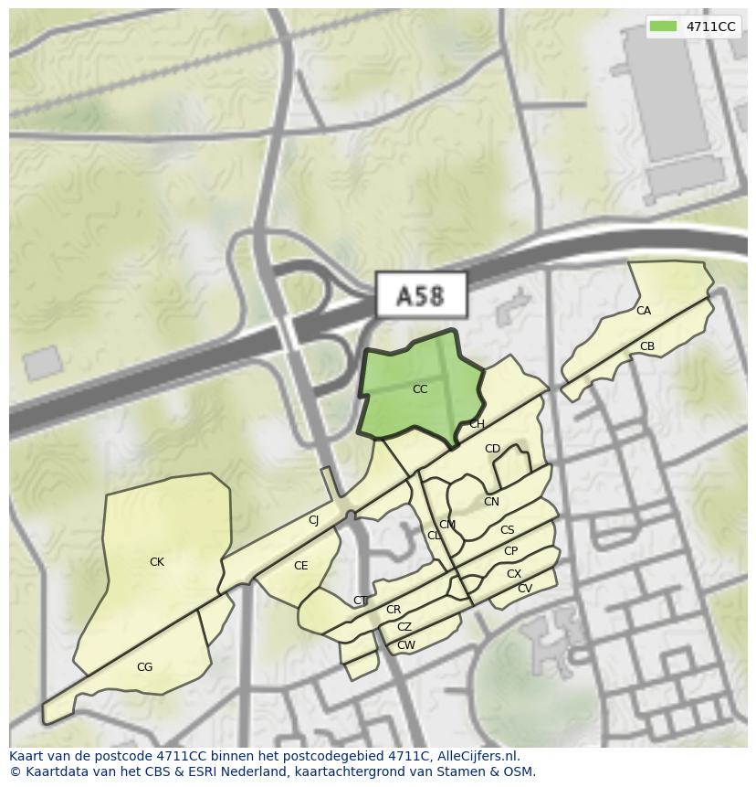 Afbeelding van het postcodegebied 4711 CC op de kaart.