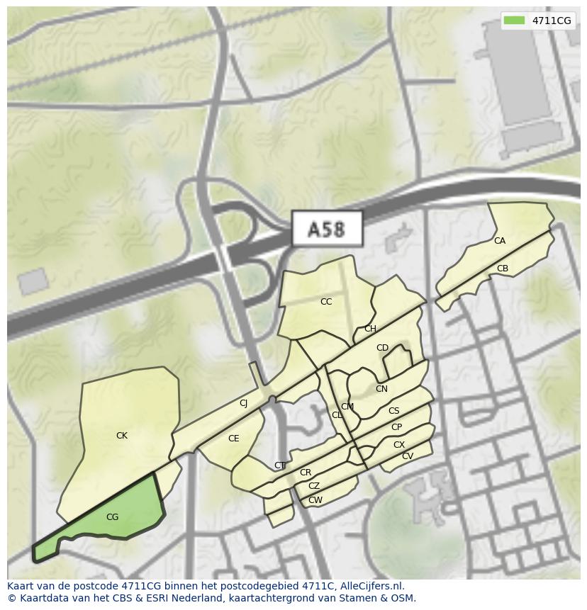 Afbeelding van het postcodegebied 4711 CG op de kaart.