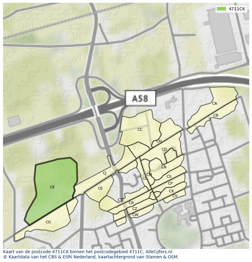 Afbeelding van het postcodegebied 4711 CK op de kaart.