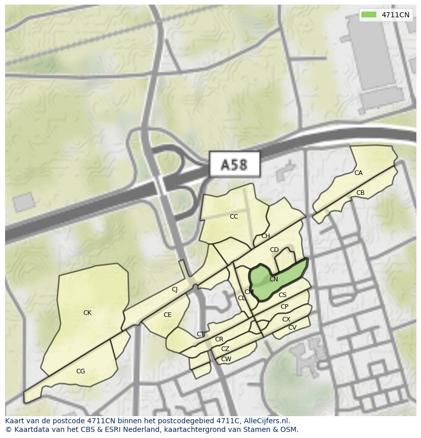 Afbeelding van het postcodegebied 4711 CN op de kaart.