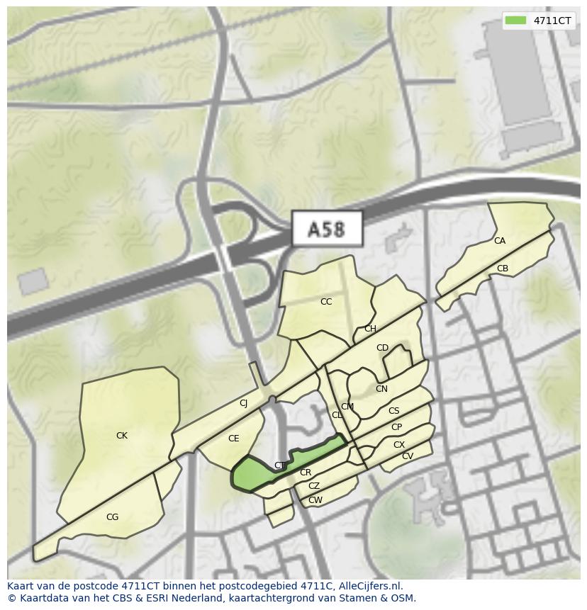 Afbeelding van het postcodegebied 4711 CT op de kaart.