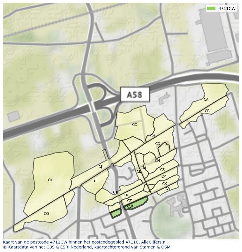 Afbeelding van het postcodegebied 4711 CW op de kaart.