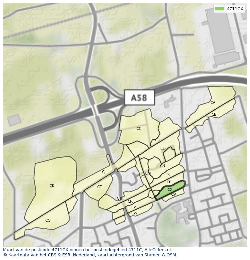 Afbeelding van het postcodegebied 4711 CX op de kaart.