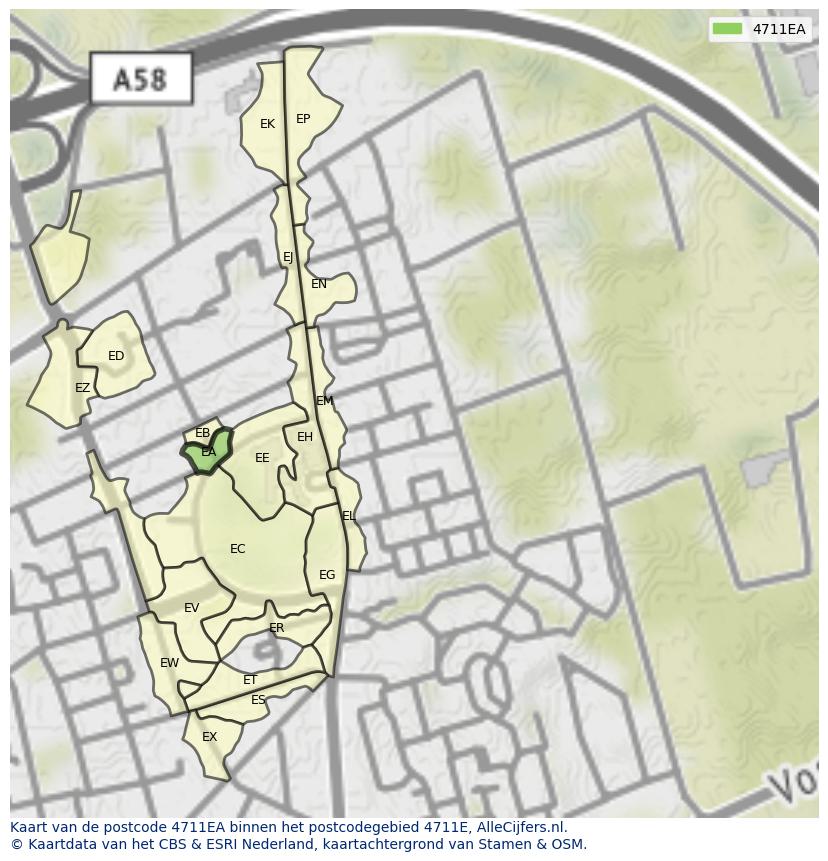 Afbeelding van het postcodegebied 4711 EA op de kaart.