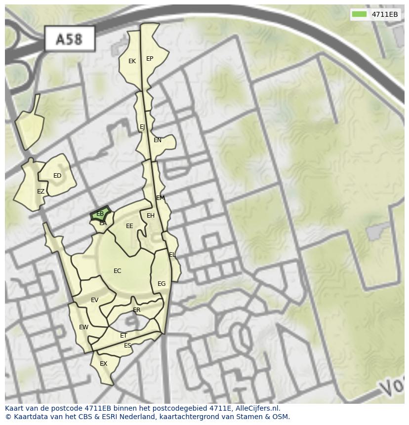 Afbeelding van het postcodegebied 4711 EB op de kaart.