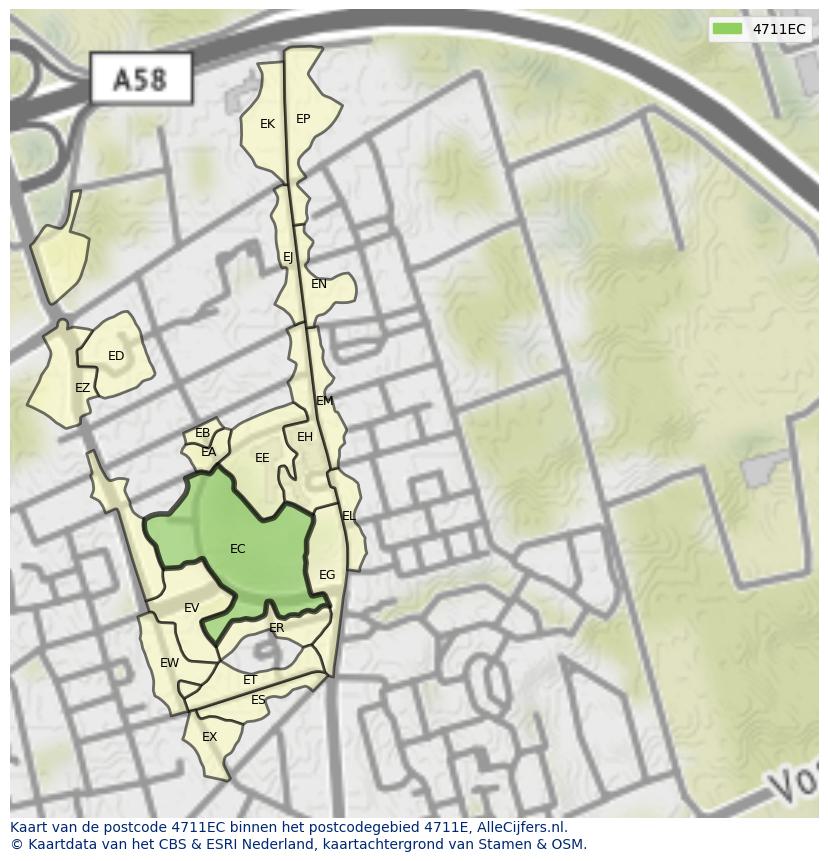 Afbeelding van het postcodegebied 4711 EC op de kaart.