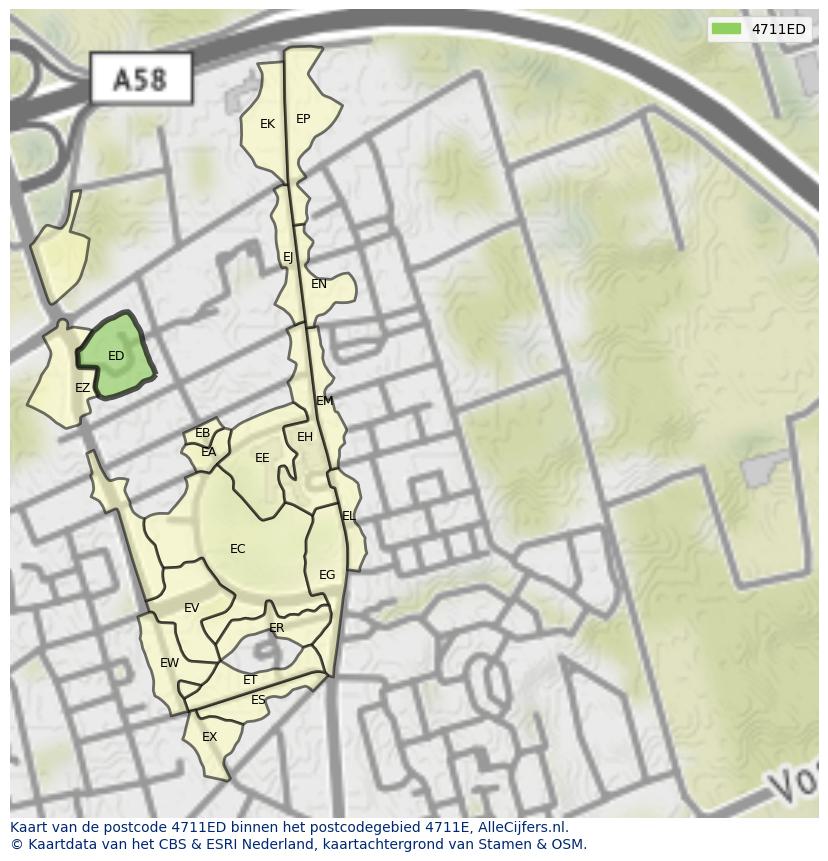 Afbeelding van het postcodegebied 4711 ED op de kaart.