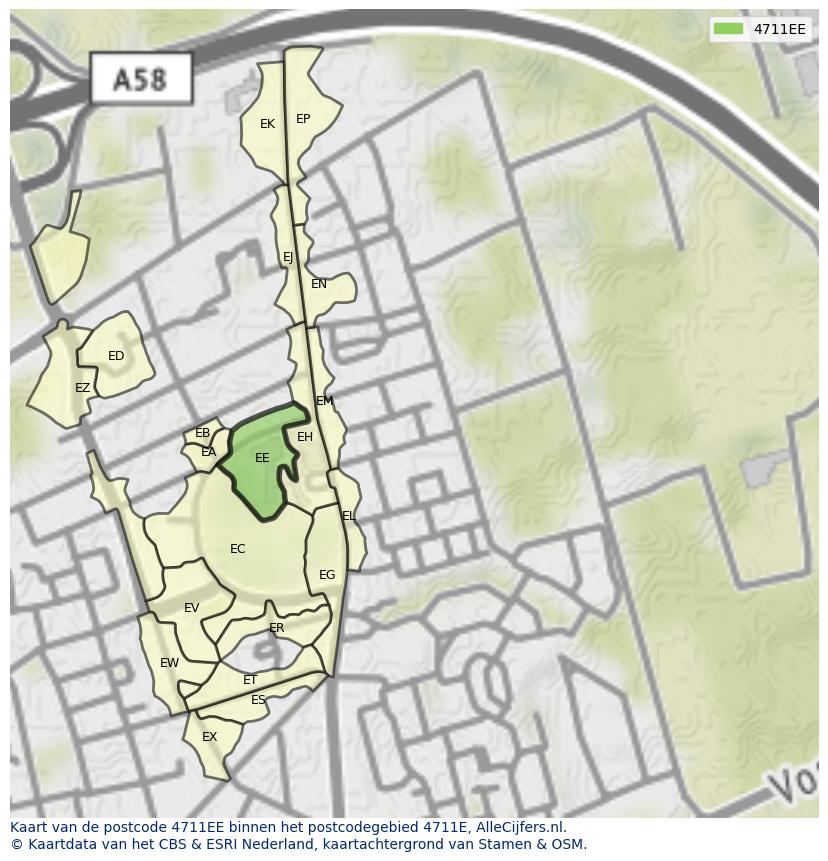 Afbeelding van het postcodegebied 4711 EE op de kaart.