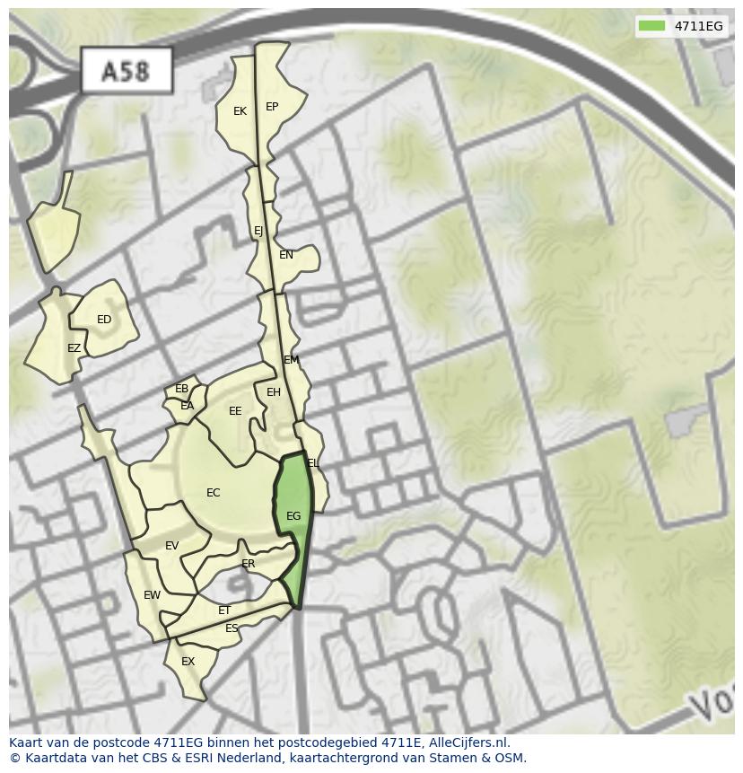 Afbeelding van het postcodegebied 4711 EG op de kaart.