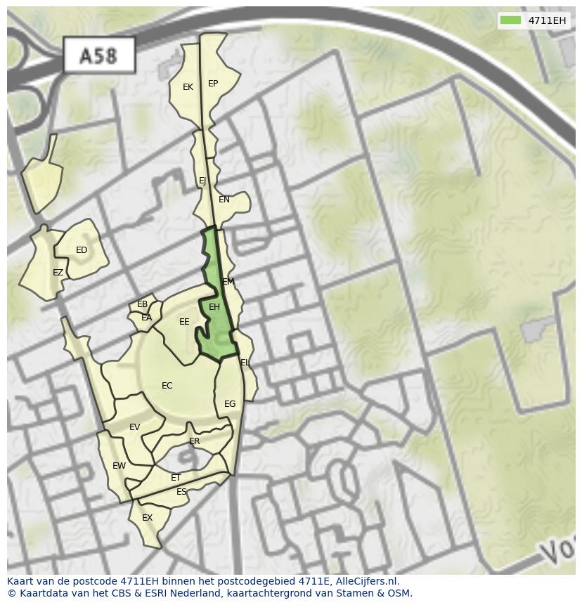 Afbeelding van het postcodegebied 4711 EH op de kaart.