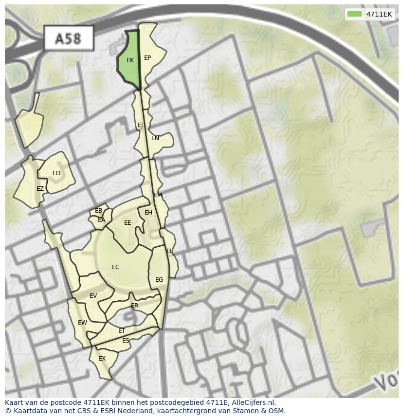 Afbeelding van het postcodegebied 4711 EK op de kaart.