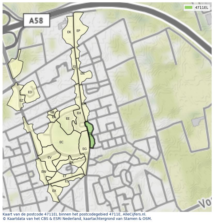 Afbeelding van het postcodegebied 4711 EL op de kaart.