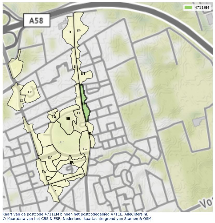 Afbeelding van het postcodegebied 4711 EM op de kaart.