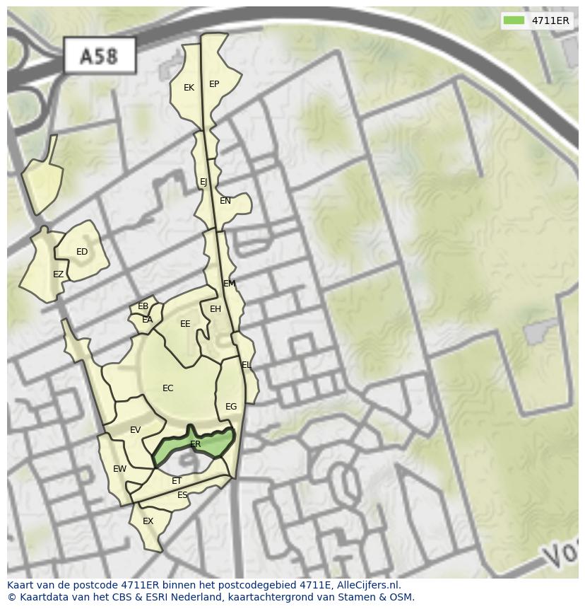 Afbeelding van het postcodegebied 4711 ER op de kaart.
