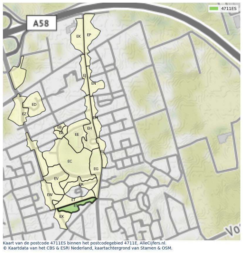 Afbeelding van het postcodegebied 4711 ES op de kaart.