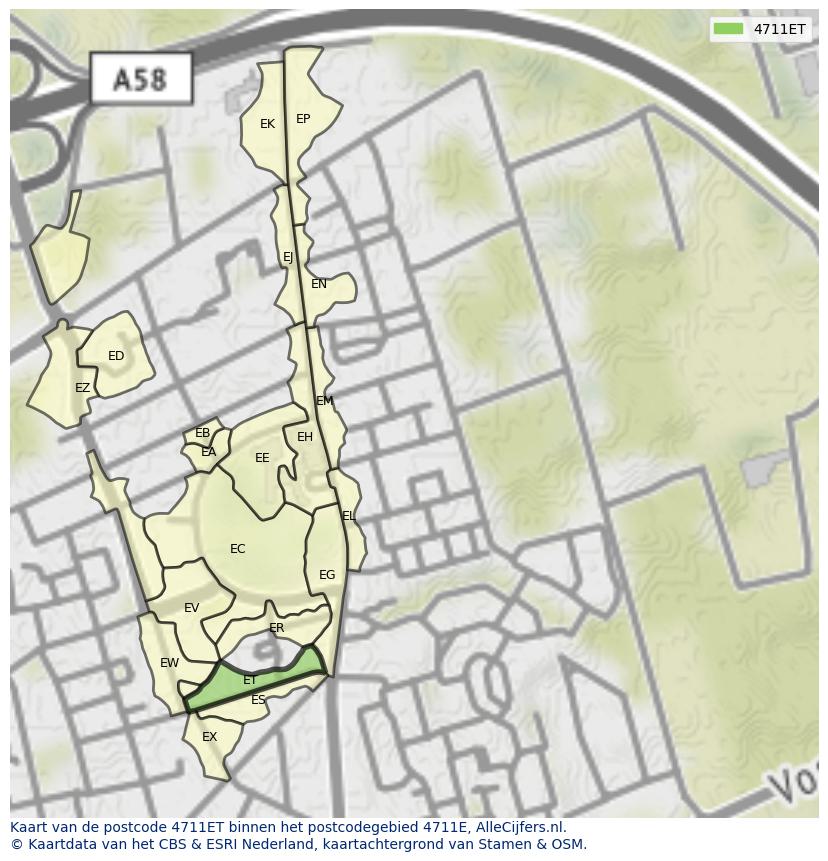 Afbeelding van het postcodegebied 4711 ET op de kaart.