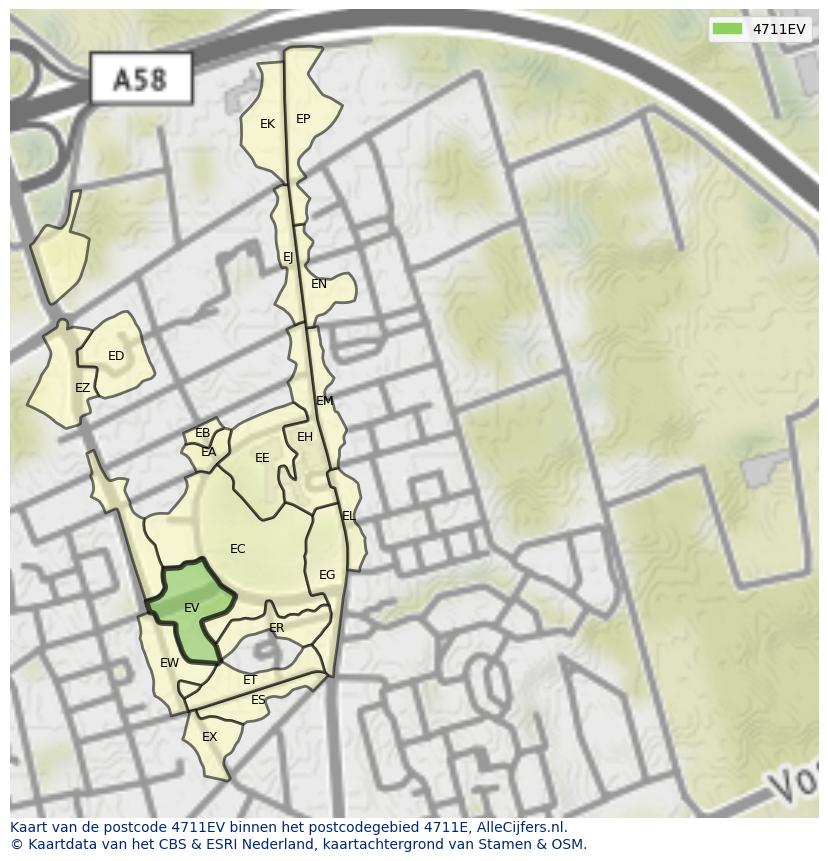 Afbeelding van het postcodegebied 4711 EV op de kaart.