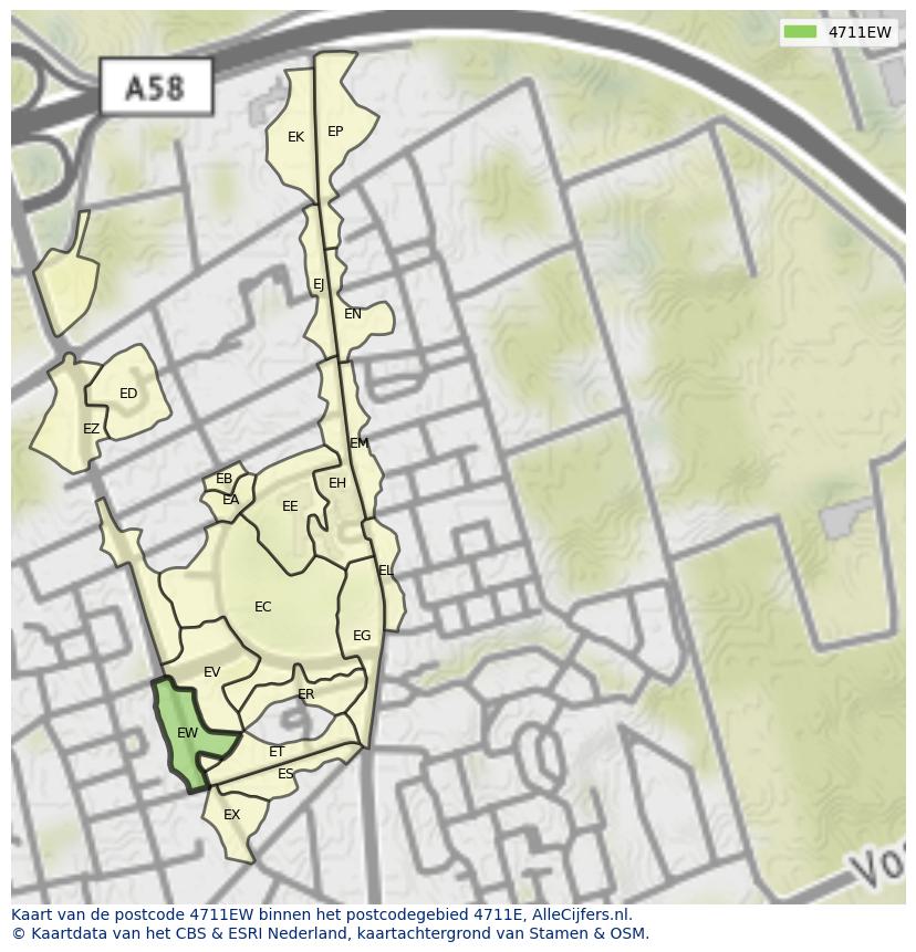Afbeelding van het postcodegebied 4711 EW op de kaart.