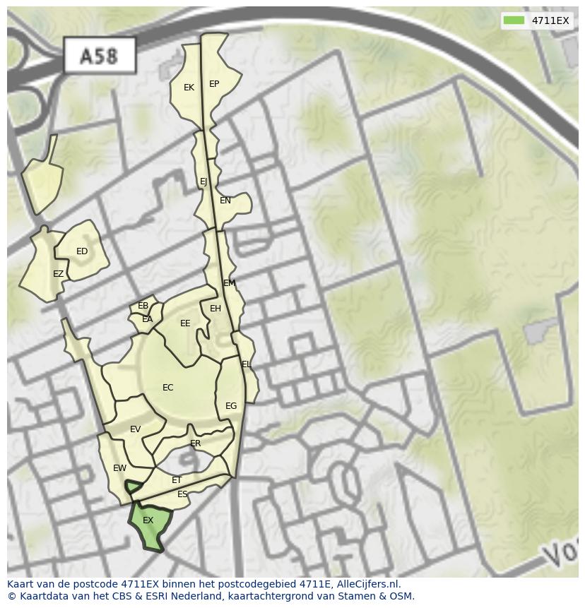 Afbeelding van het postcodegebied 4711 EX op de kaart.