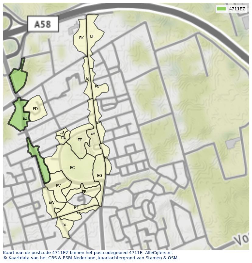 Afbeelding van het postcodegebied 4711 EZ op de kaart.