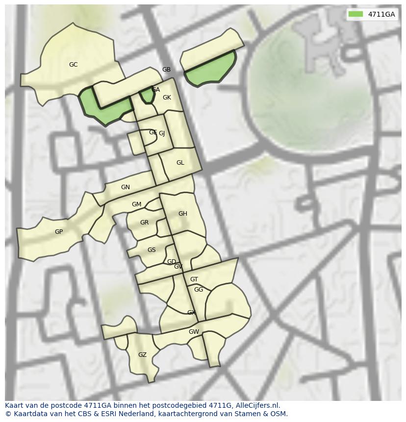 Afbeelding van het postcodegebied 4711 GA op de kaart.