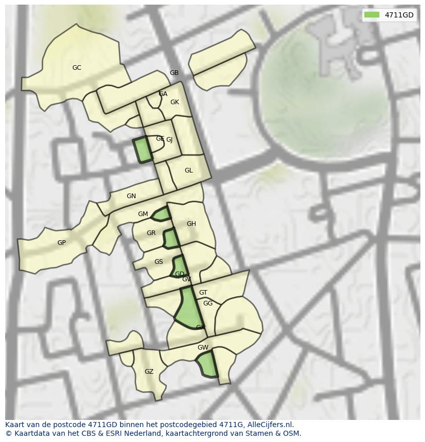 Afbeelding van het postcodegebied 4711 GD op de kaart.