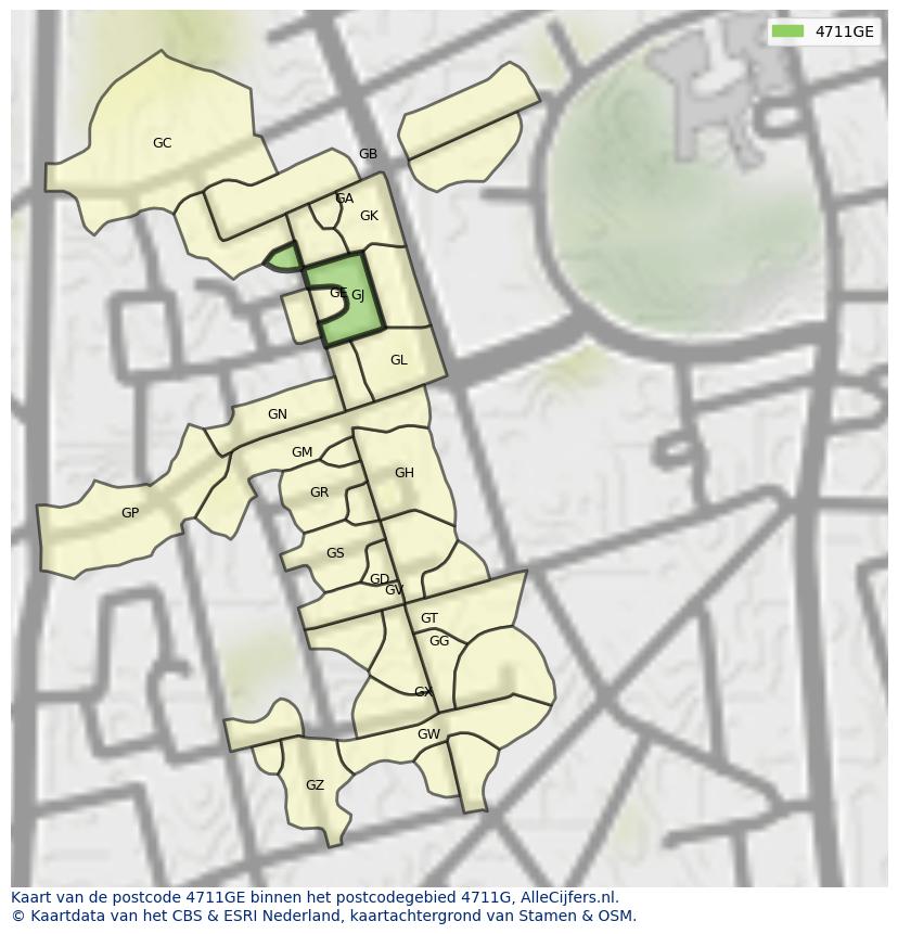 Afbeelding van het postcodegebied 4711 GE op de kaart.