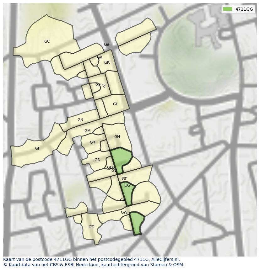 Afbeelding van het postcodegebied 4711 GG op de kaart.
