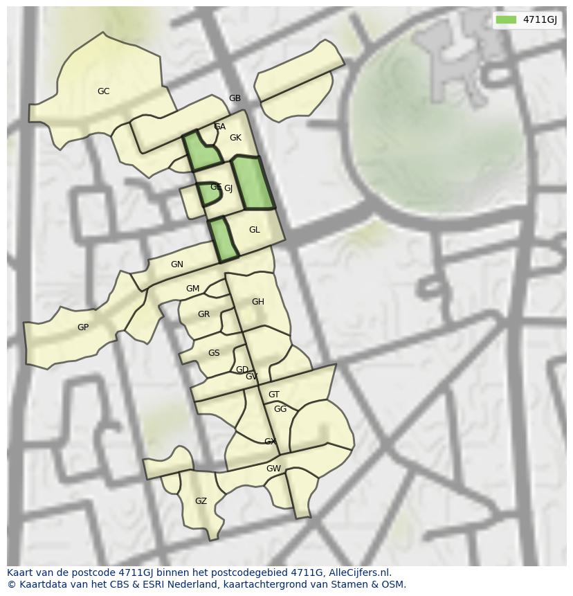 Afbeelding van het postcodegebied 4711 GJ op de kaart.