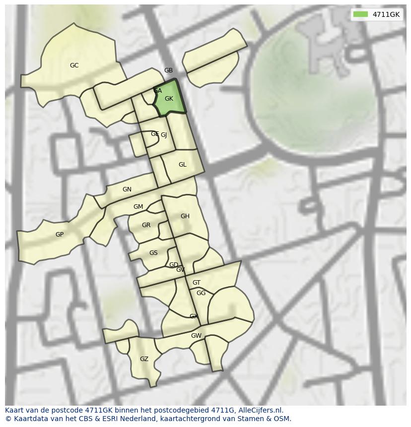 Afbeelding van het postcodegebied 4711 GK op de kaart.