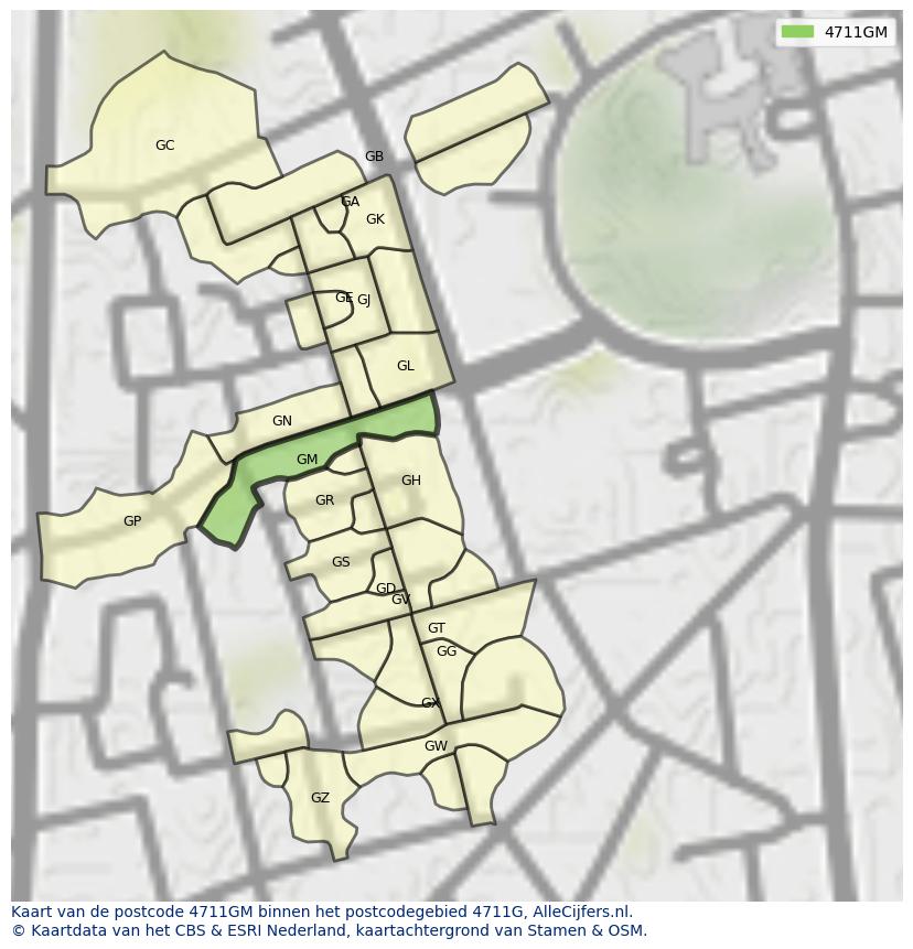 Afbeelding van het postcodegebied 4711 GM op de kaart.