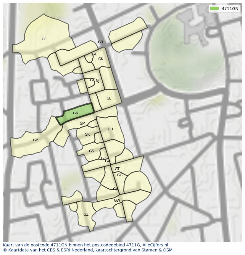Afbeelding van het postcodegebied 4711 GN op de kaart.