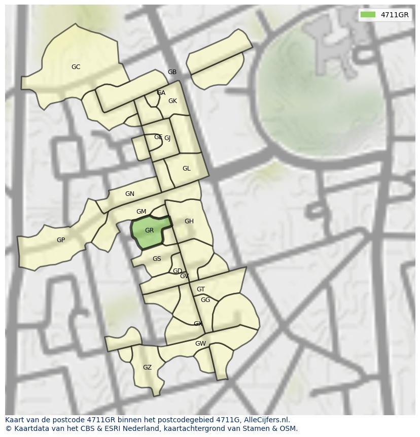 Afbeelding van het postcodegebied 4711 GR op de kaart.