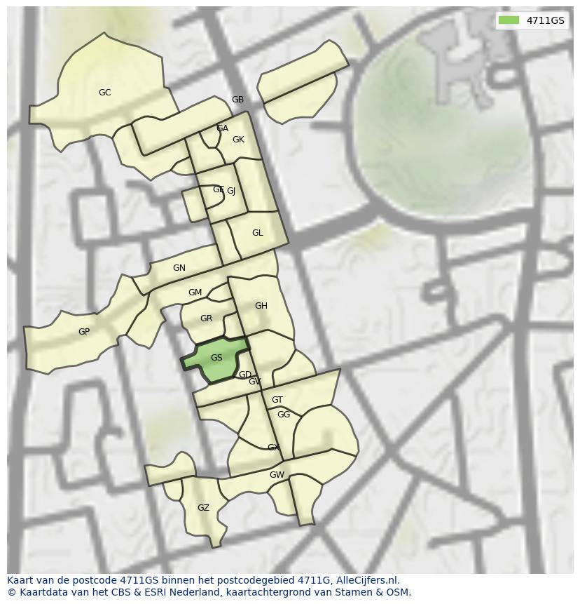 Afbeelding van het postcodegebied 4711 GS op de kaart.