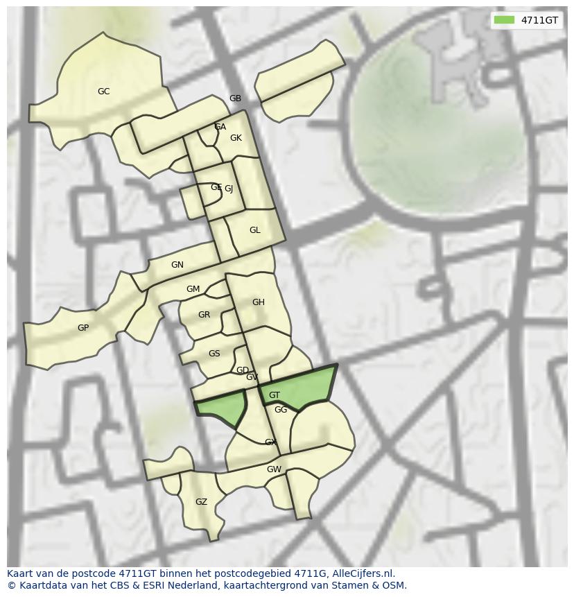 Afbeelding van het postcodegebied 4711 GT op de kaart.