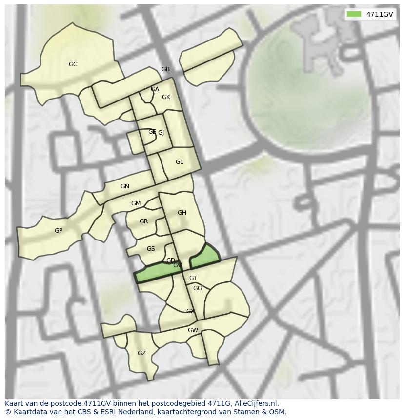 Afbeelding van het postcodegebied 4711 GV op de kaart.