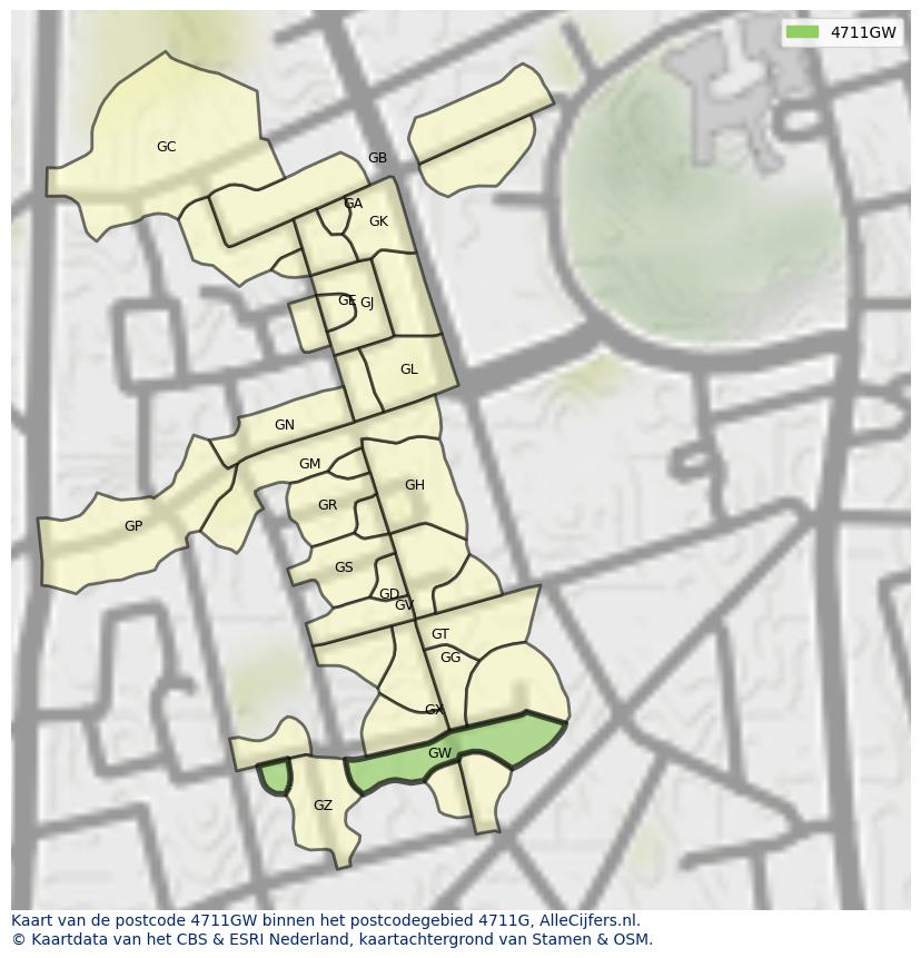Afbeelding van het postcodegebied 4711 GW op de kaart.