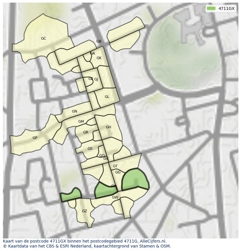 Afbeelding van het postcodegebied 4711 GX op de kaart.