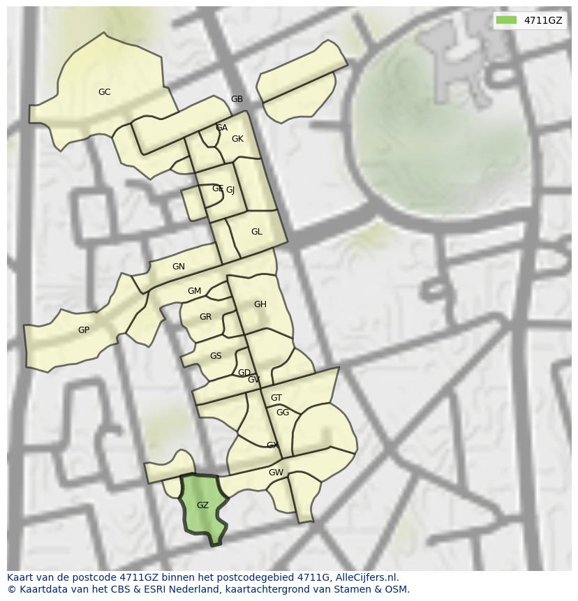 Afbeelding van het postcodegebied 4711 GZ op de kaart.